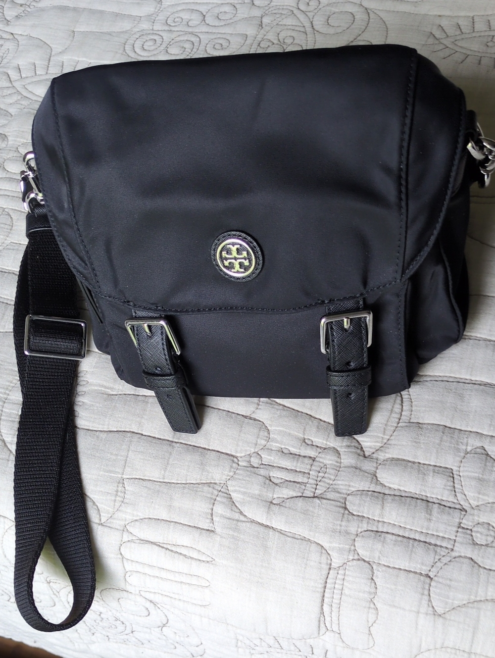 Tory Burch Small Scout Black Nylon Messenger Crossbody with Buckle Details